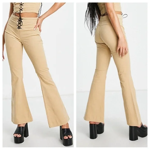 Asos Design Y2K Lace Up Detail Retro High Rise Flare Pants in Beige Stone - Picture 5 of 13